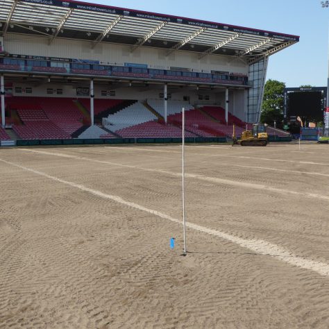 White posts mark the positions of the water sprinkler heads (still to be reinstalled) in the middle of the pitch.