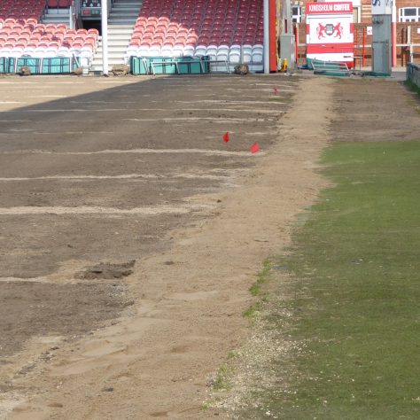 The main 150mm drain along the southern edge of the pitch area has now been covered with sand to roughly the same level as the top of the soil.