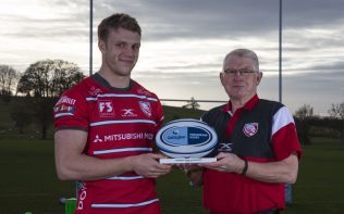 Pictured is Ron Etheridge, presenting the Gallagher Premiership Player of the Month award for November 2018 to Gloucester Rugby's, Ollie Thorley, Monday 10th December 2018 at Hartpury Training Ground, 