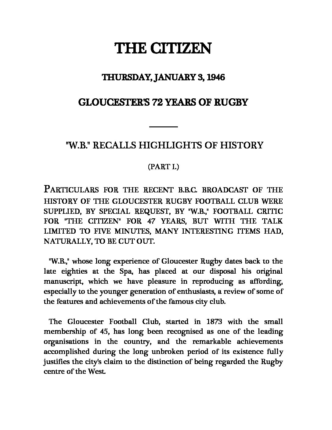 Gloucester's 72 Years of Rugby