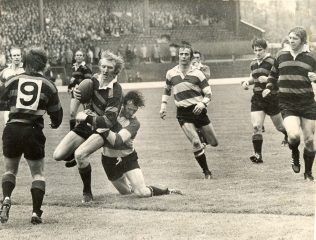 John Bayliss tackles Sam Doble of Moseley in 1972 Cup Final