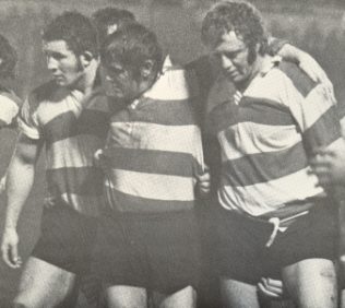 Phil Blakeway, Fred Reed & Keith Richardson form the Gloucester front row | Steve Colling - GRFC 1975 Calendar