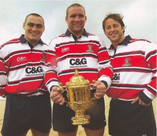 Woodman, Vickery & Gomersall with World Cup Trophy Manly Beach Sydney 2003